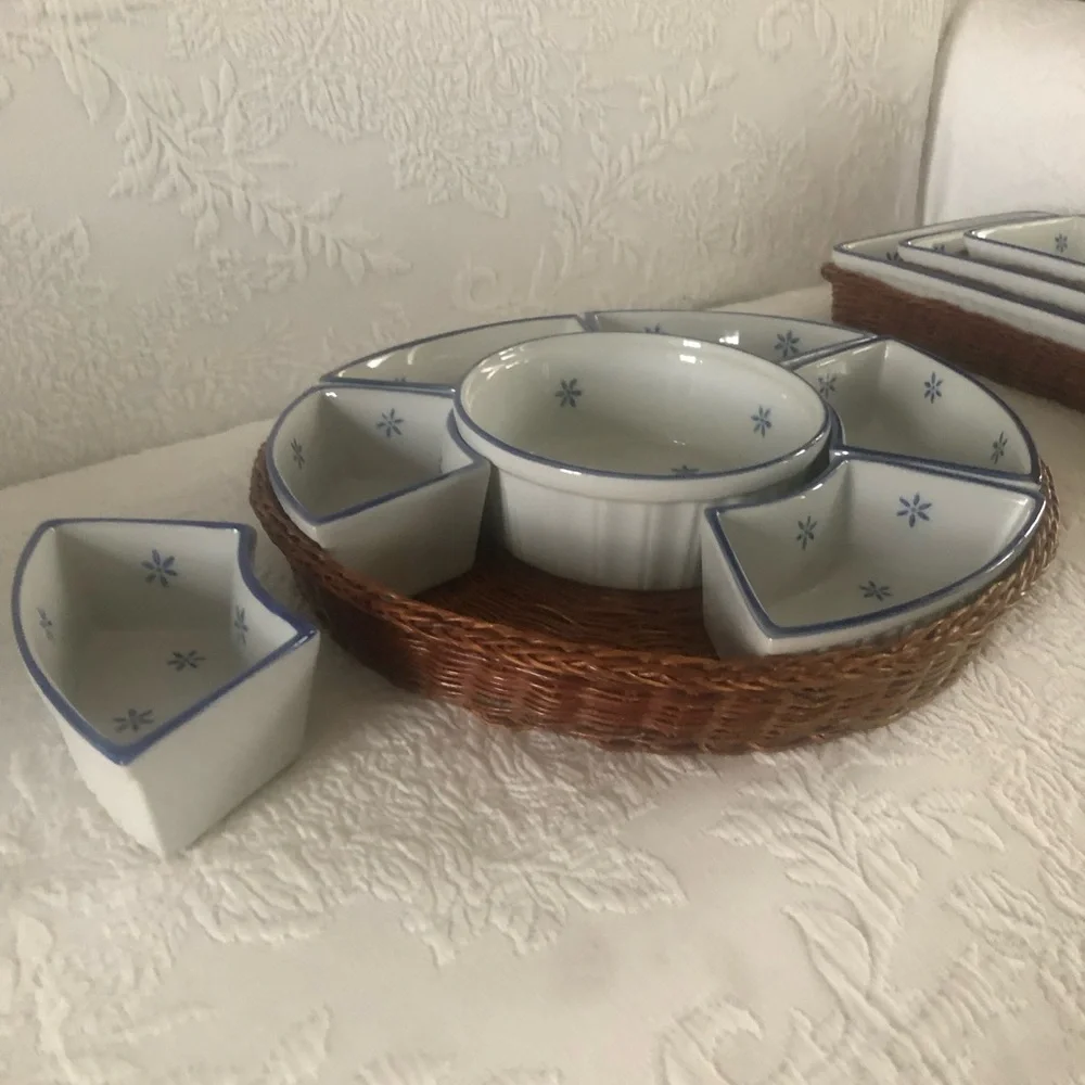 Blue and White Ceramic Divided Serving Tray with Wicker Base
